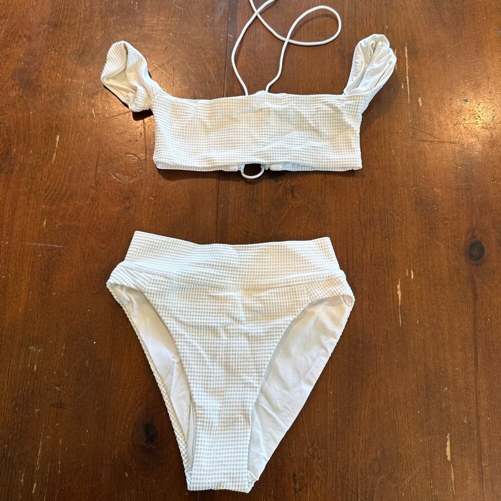 AYAI White Waffle Texture High Waist Bikini Set Small